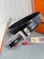 1:1  Hermes  Black Leather Belt  Alligator Pattern with Silver buckle Automatic Buckle  3.5cm